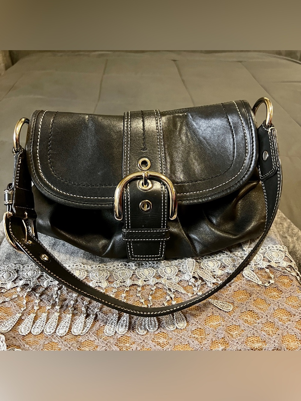 Coach Soho Y2K Black Leather Pleated Flap Shoulder Bag F15204